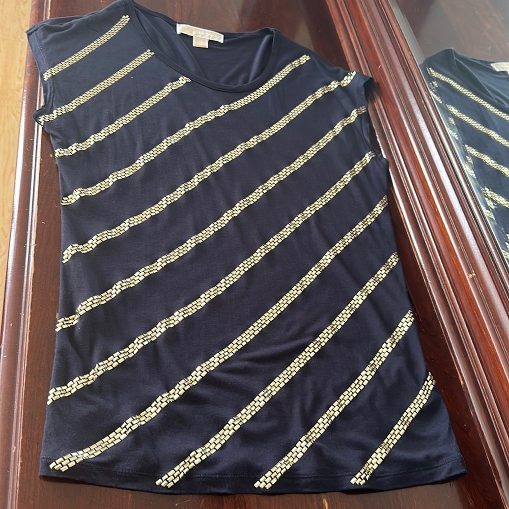 Michael Kors Navy Blue and Gold Striped shirt size XS